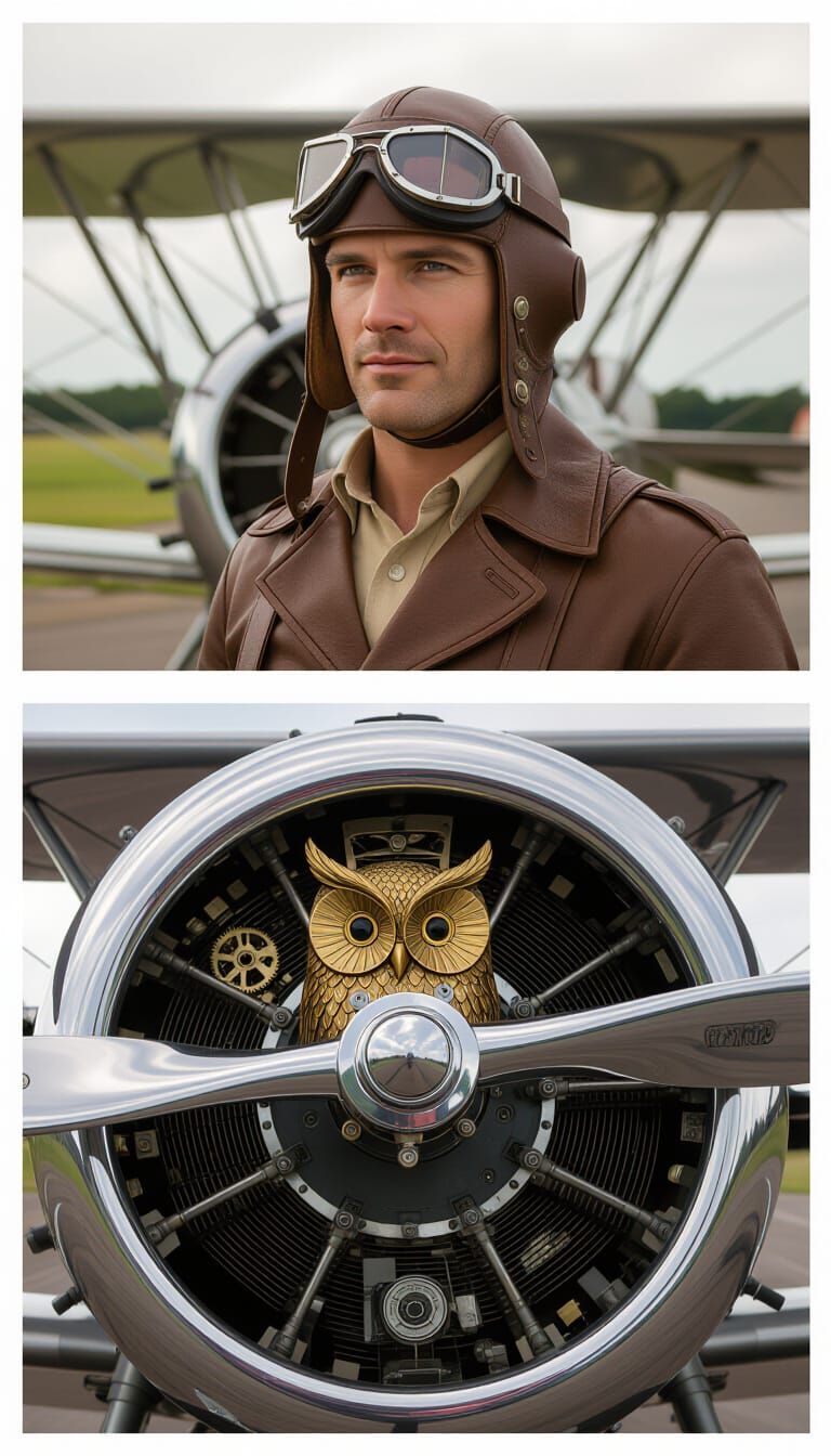 Antique Aviator Beside Biplane with Mechanical Owl Reflectio...