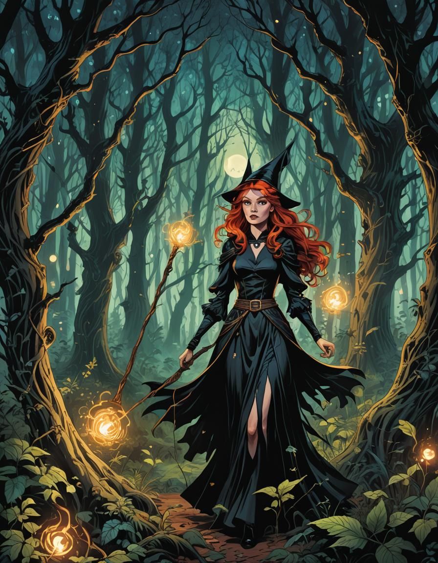 Redhead Witch in Mystical Forest, Comic Book Art