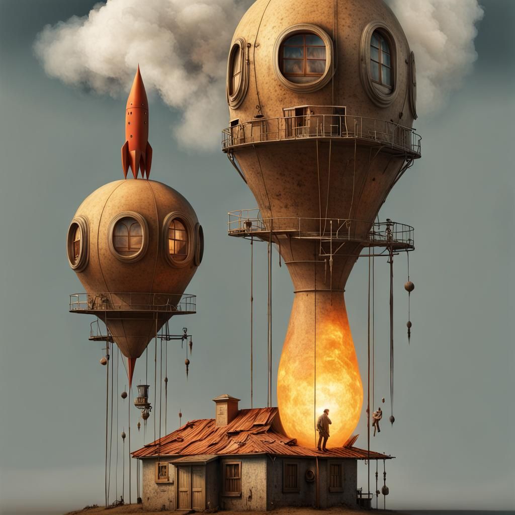 Magical Surreal Houses with Rising Sun, Digital Art