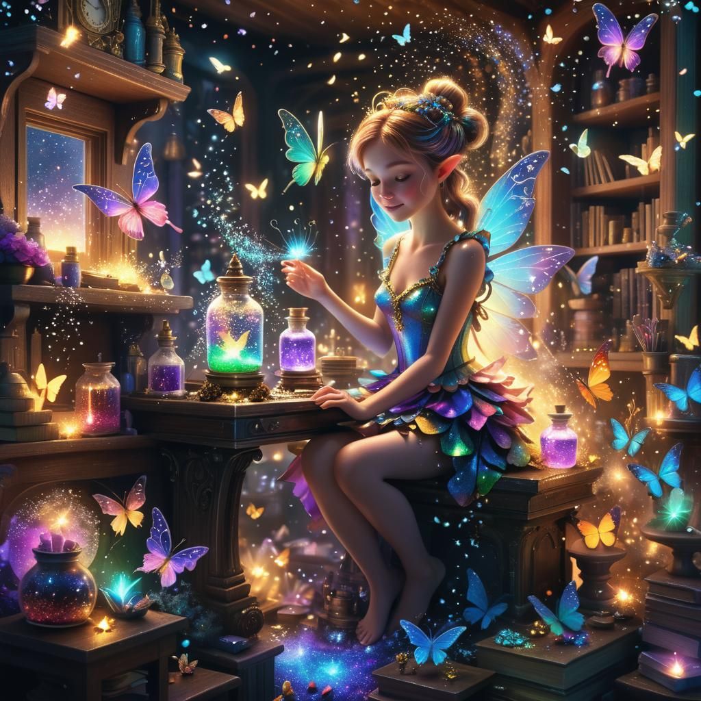 Fairy at Desk in Magical Room, Digital Art