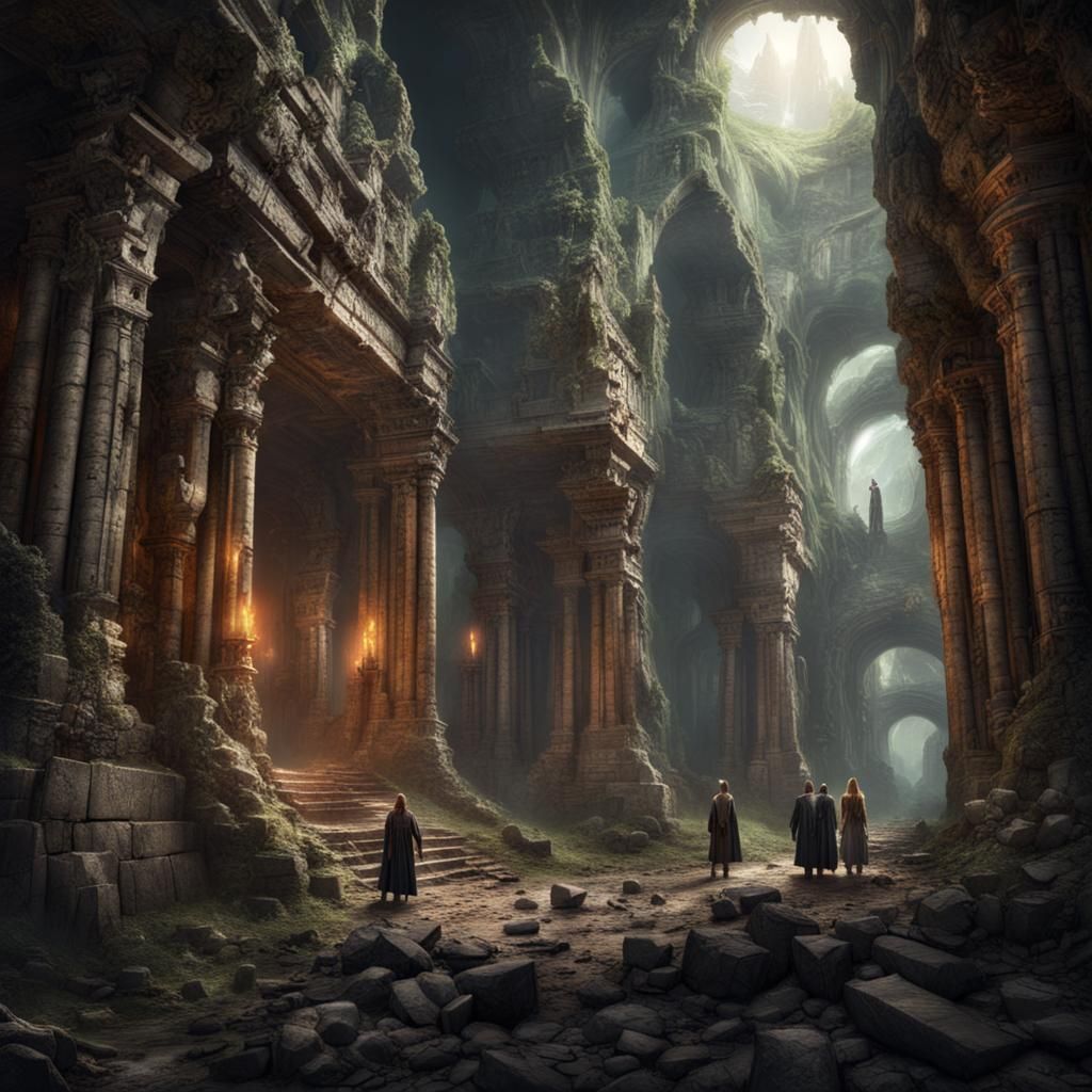 Fantasy Adventurers Explore Ruined Underground Temple