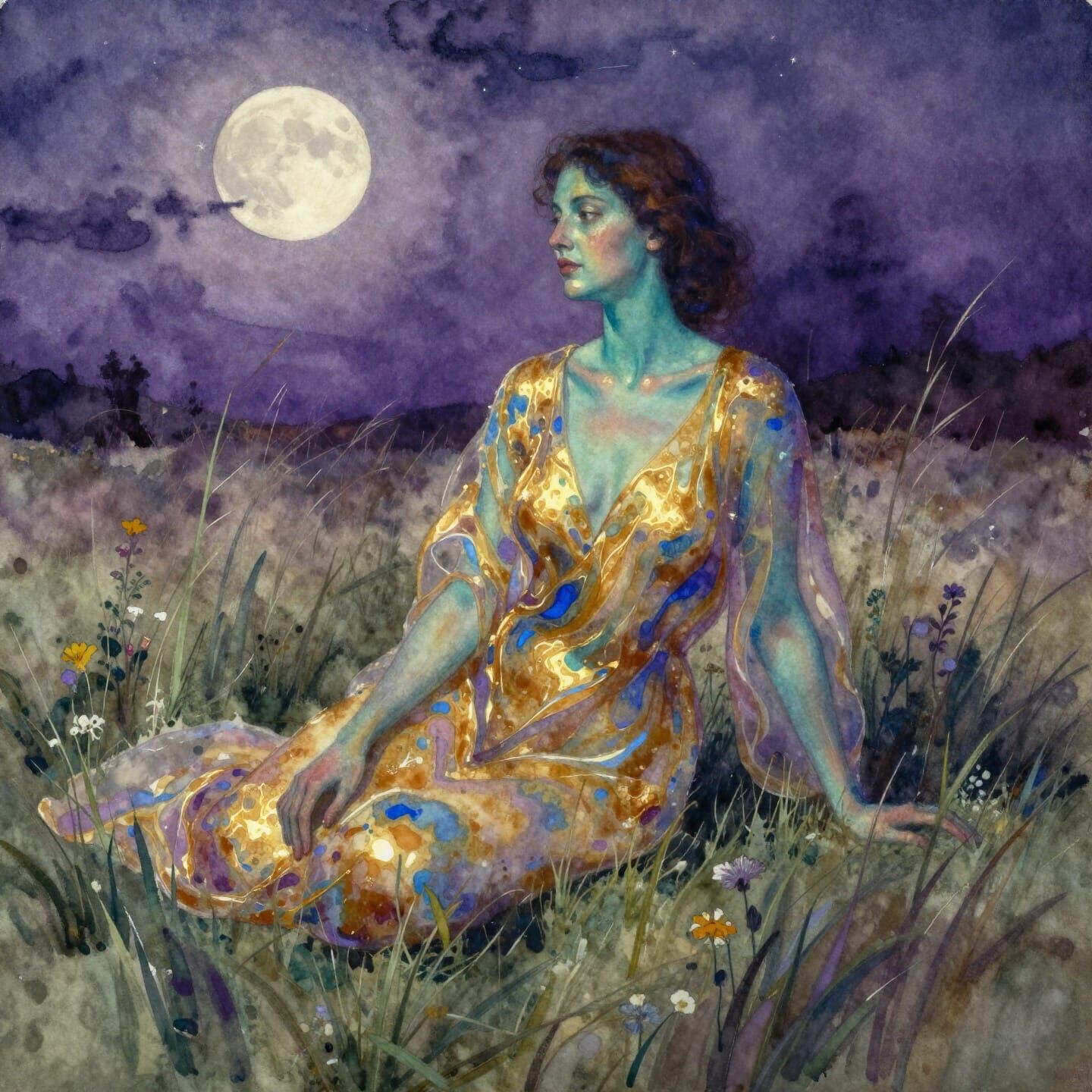 Woman in Meadow at Night: Watercolor Art