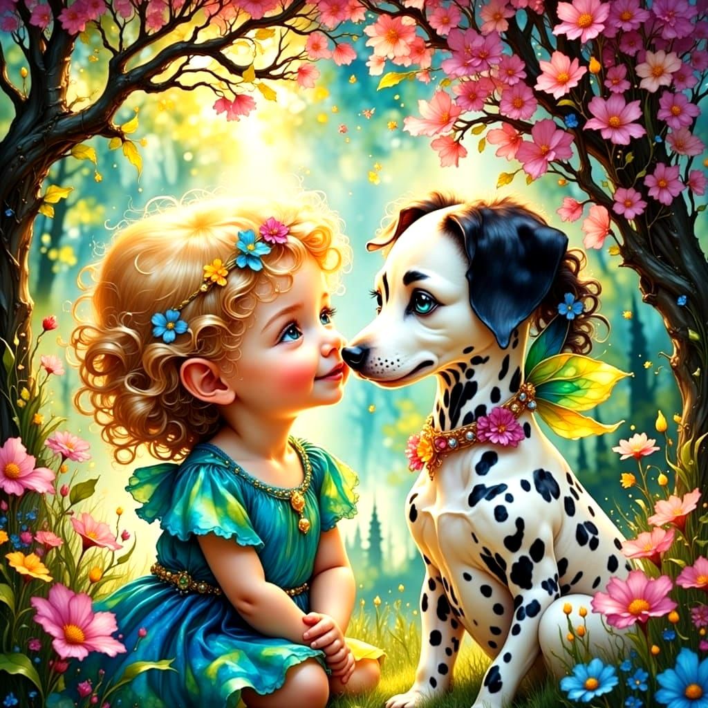 Cute Toddler and Dalmatian Puppy in Whimsical Fantasy Settin...