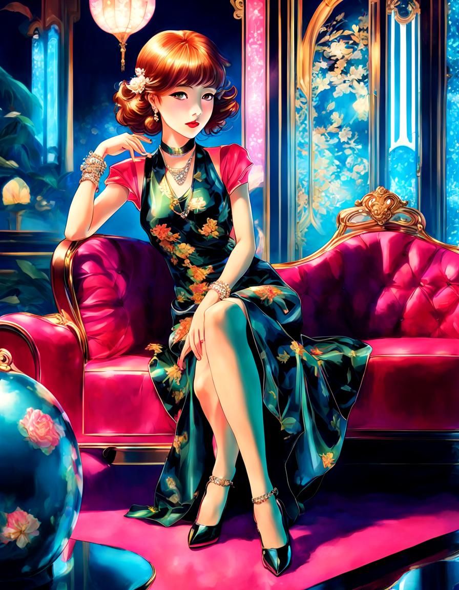 Elegant Josei Manga Pin-Up in Art Nouveau Style