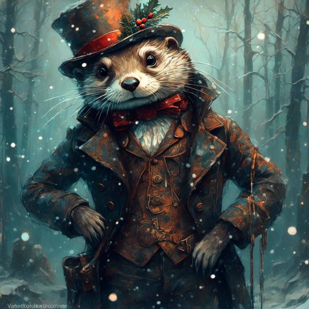 Steampunk Otter Christmas Scene in Astral Starry Night