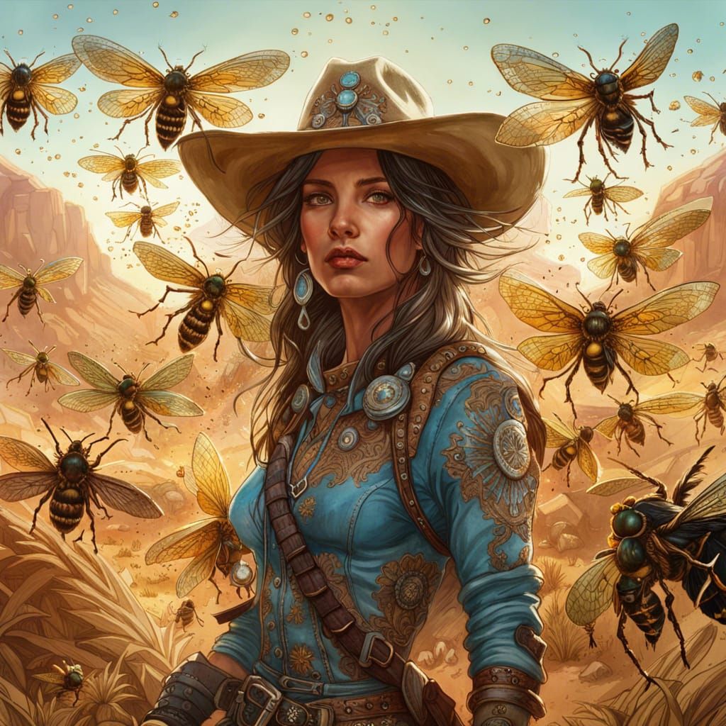 Cowgirl Swarmed by Wasps in Desert Landscape