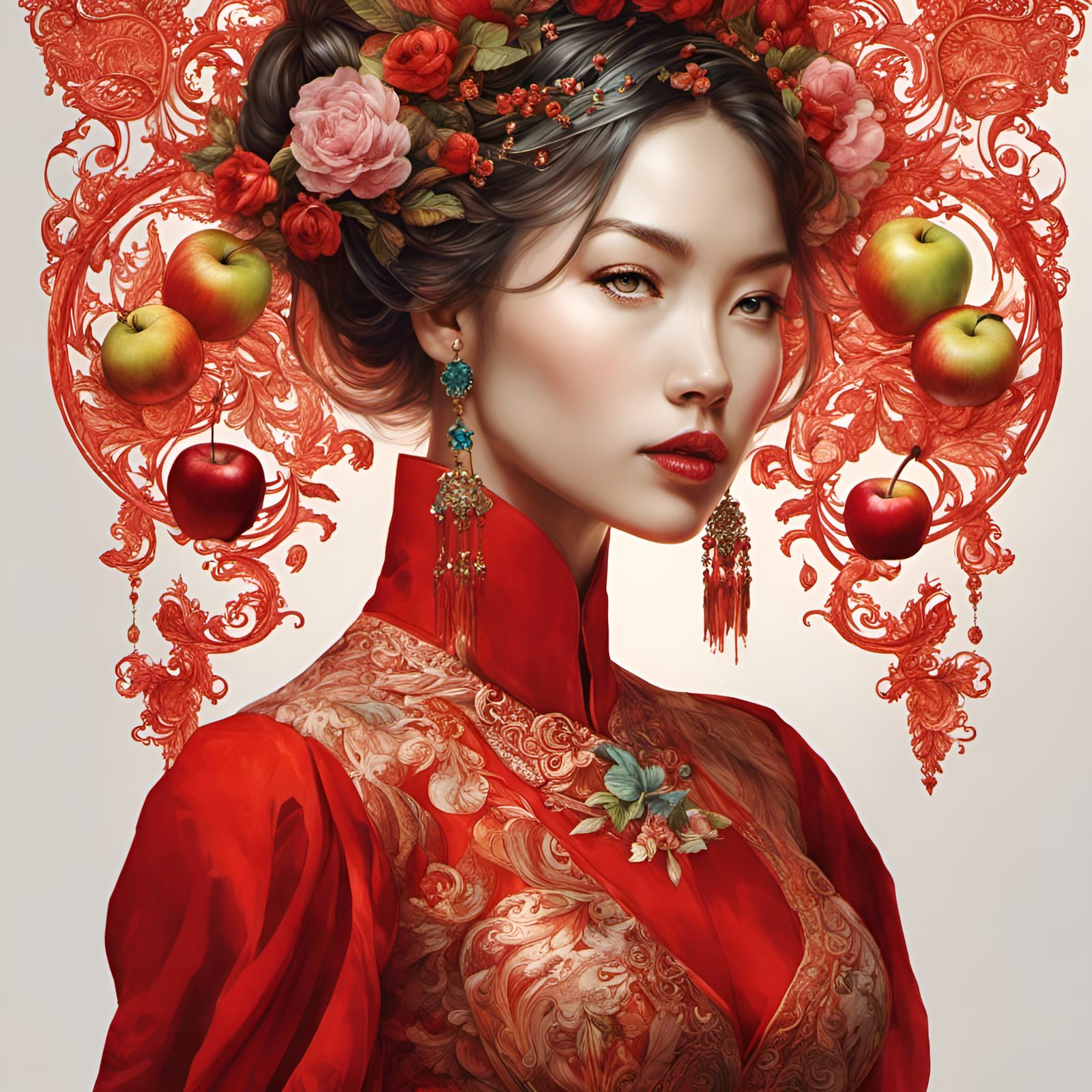 Woman in Red Dress Holding Apple Portrait