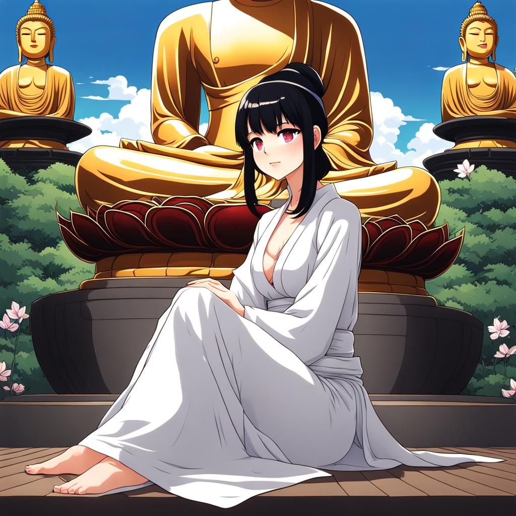 Woman Before Golden Buddha in Anime Style