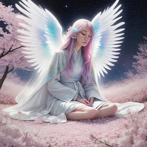 Angelic Fairy with White Fox in Cosmic Cherry Blossom Field