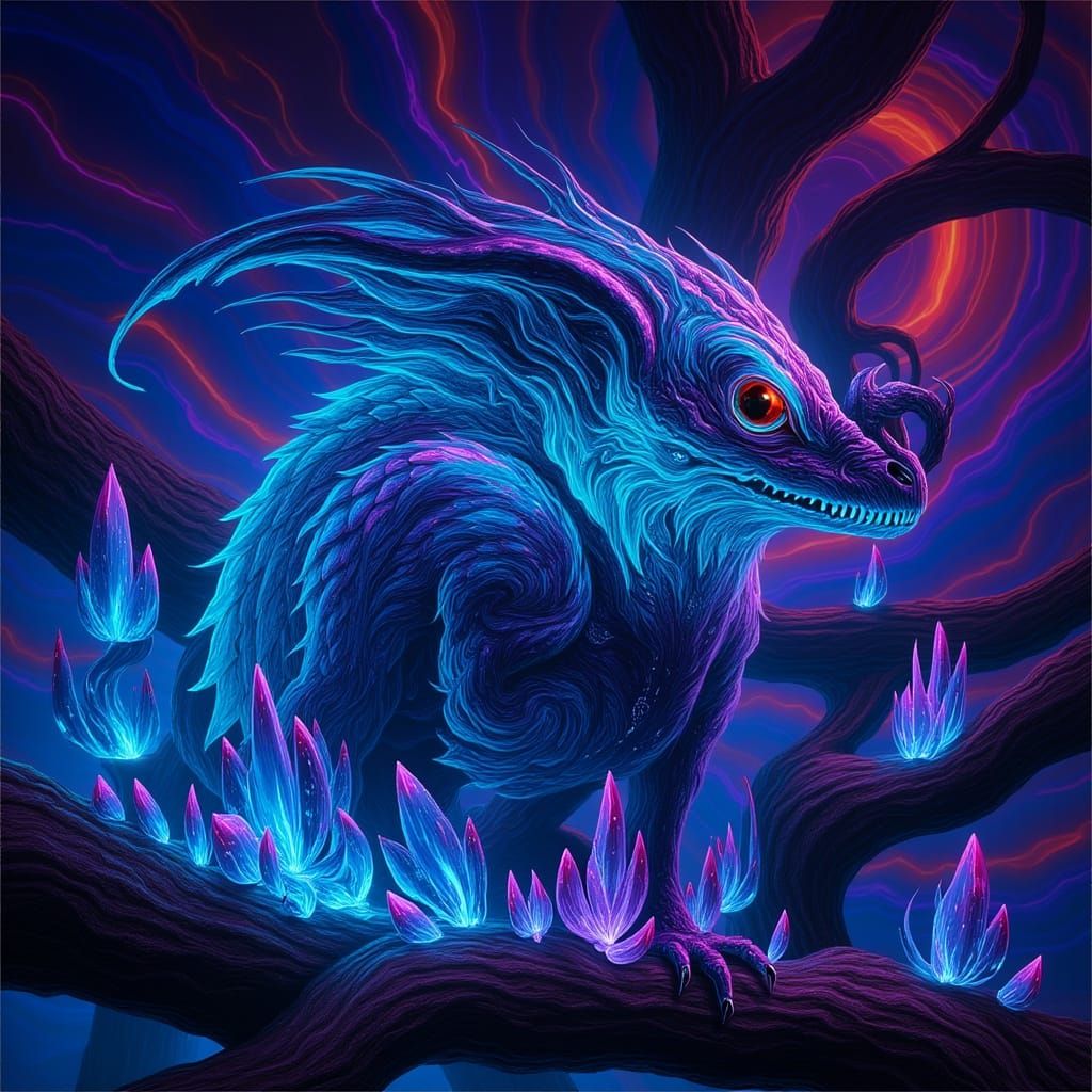 Fantastical Bioluminescent Beast on Alien Tree