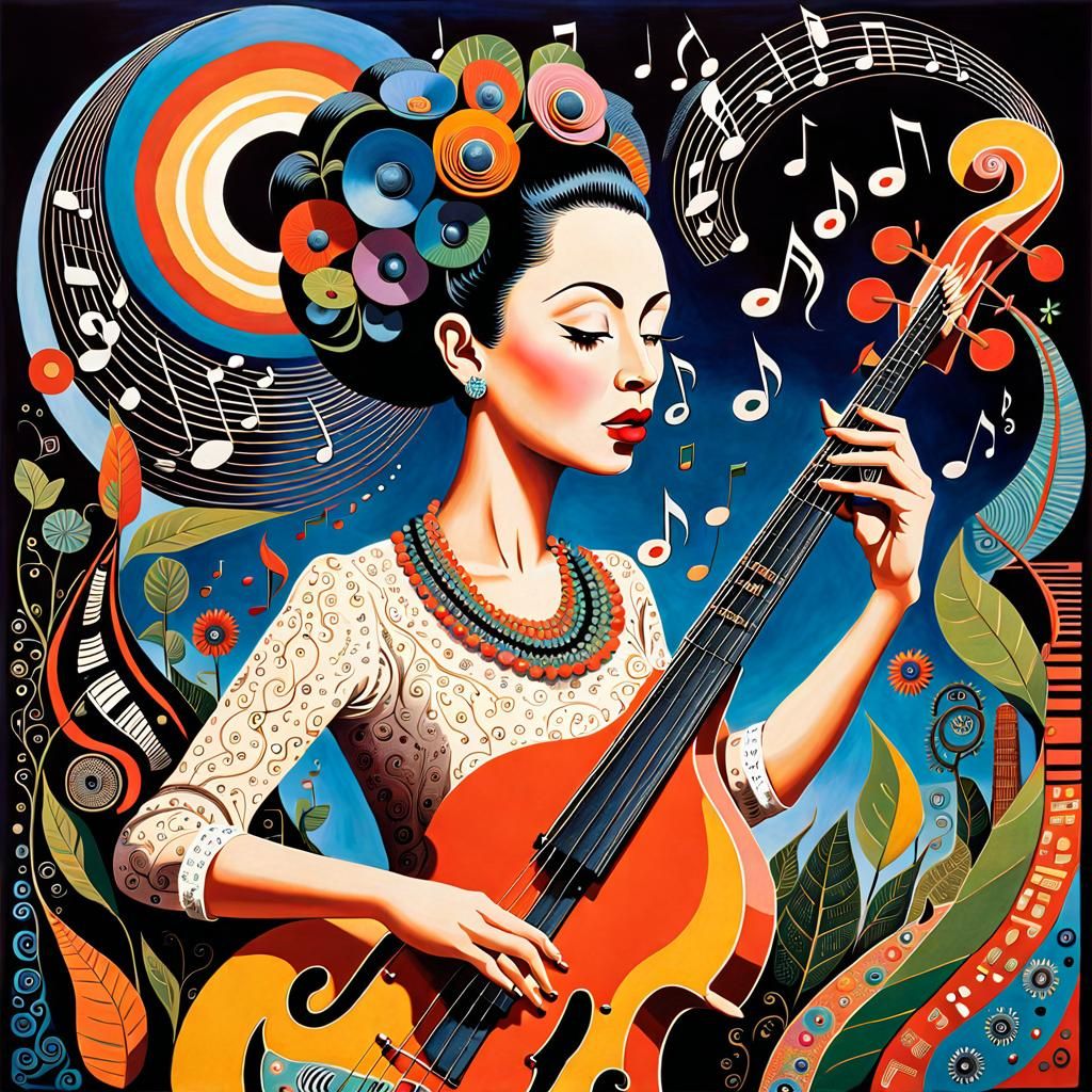 Woman Playing Bass in Outsider Art Style