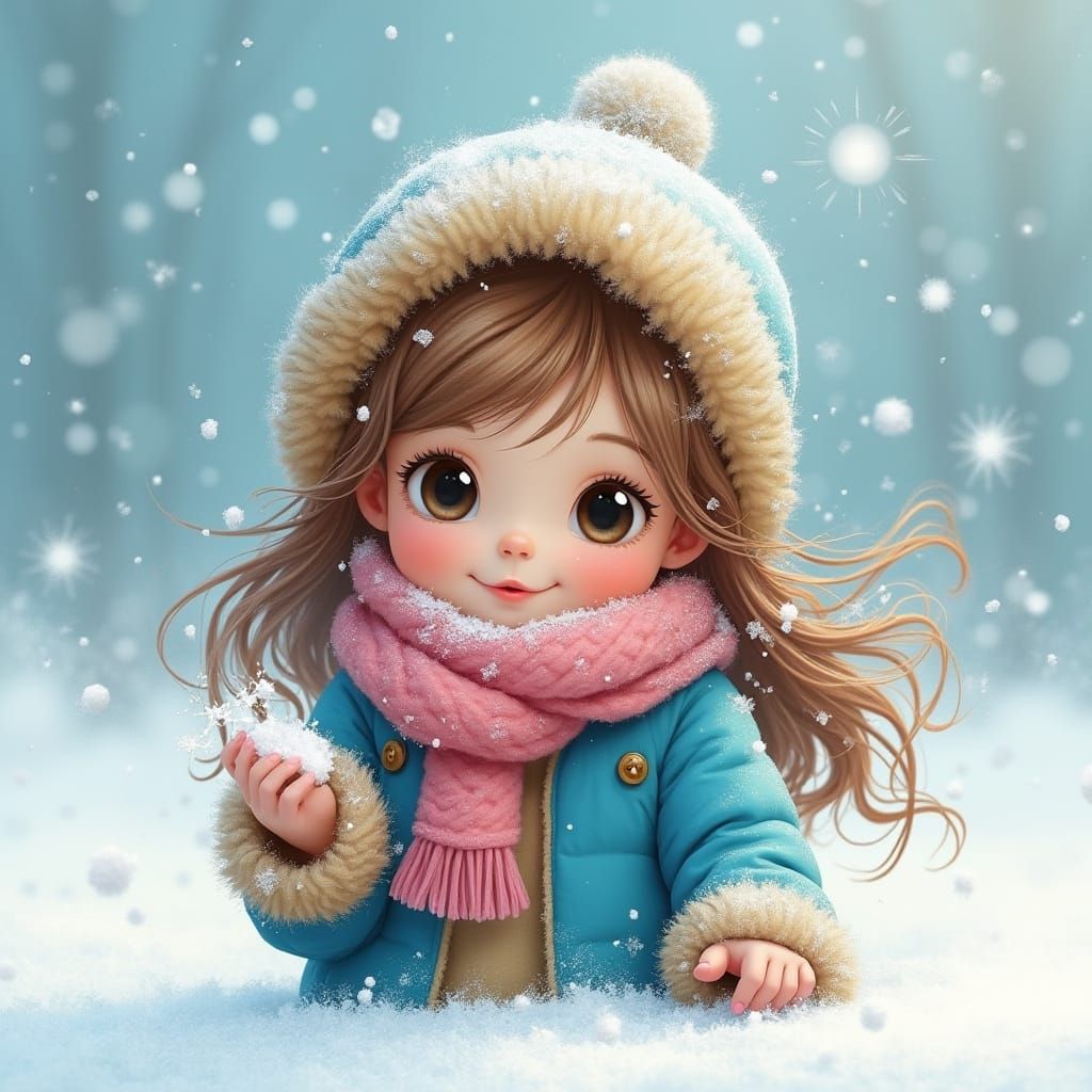 Girl Playing with Snowflakes in Watercolor Style