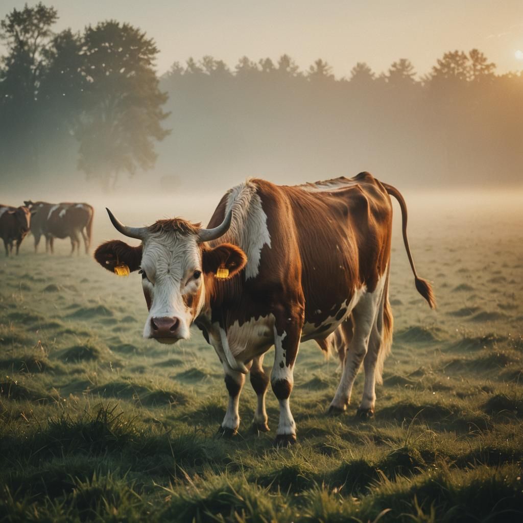Cow in Misty Field at Sunrise: Cinematic Film Still