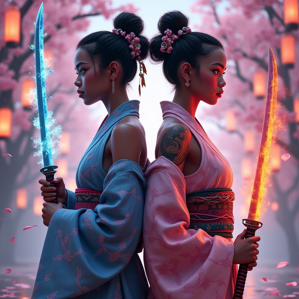 Cyberpunk Sisters with Katanas in Digital Painting