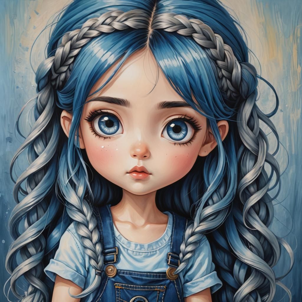 Chibi Girl with Blue Hair as Oil Painting