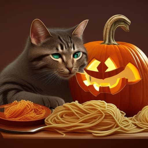 cat with a pumpkin head eating spaghetti.
