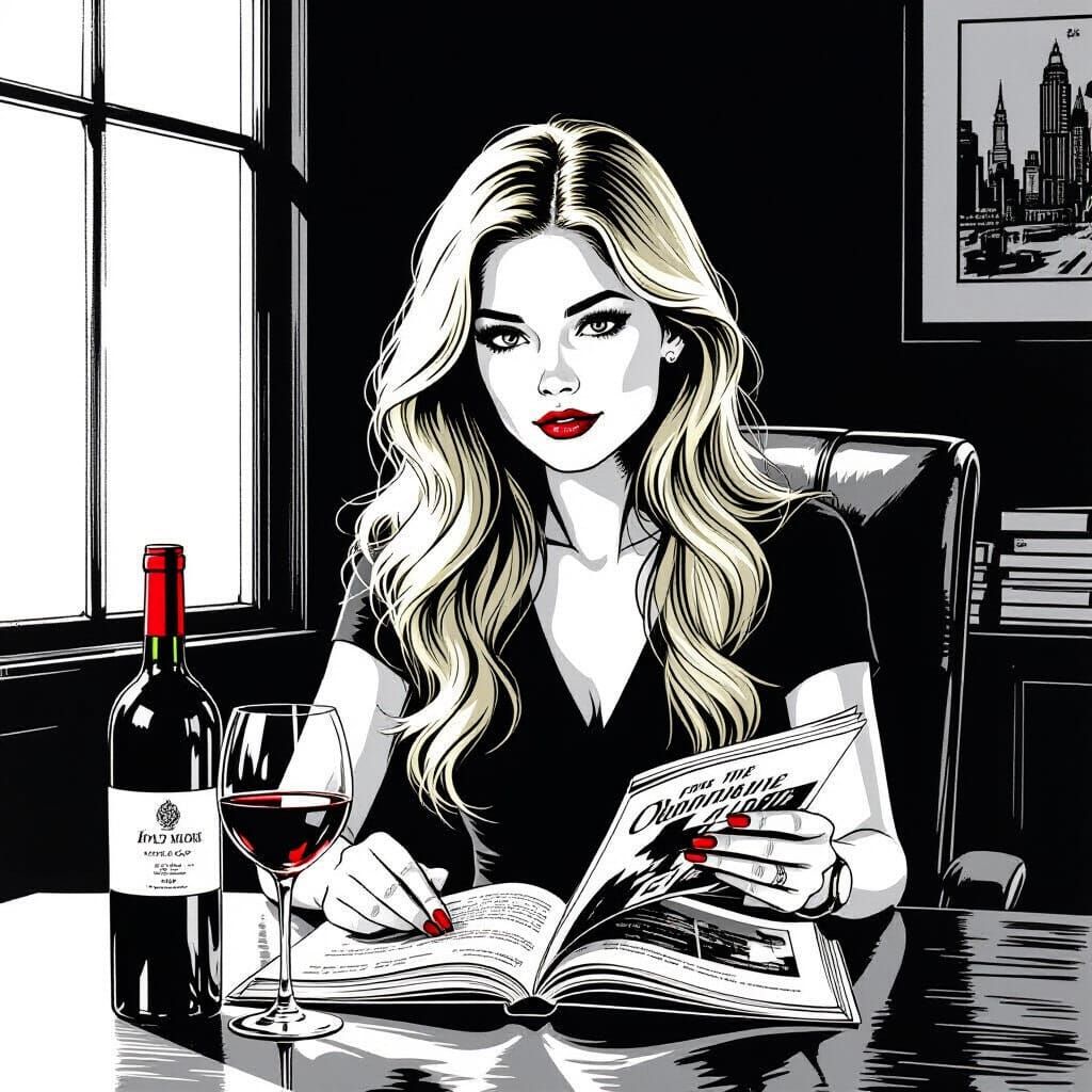 Girl Reading Magazine in Office with Wine