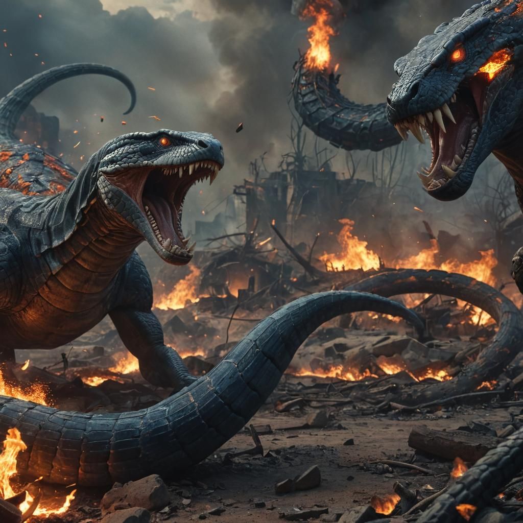 Giant Cobra in Burning Battlefield, Fantasy Concept Art