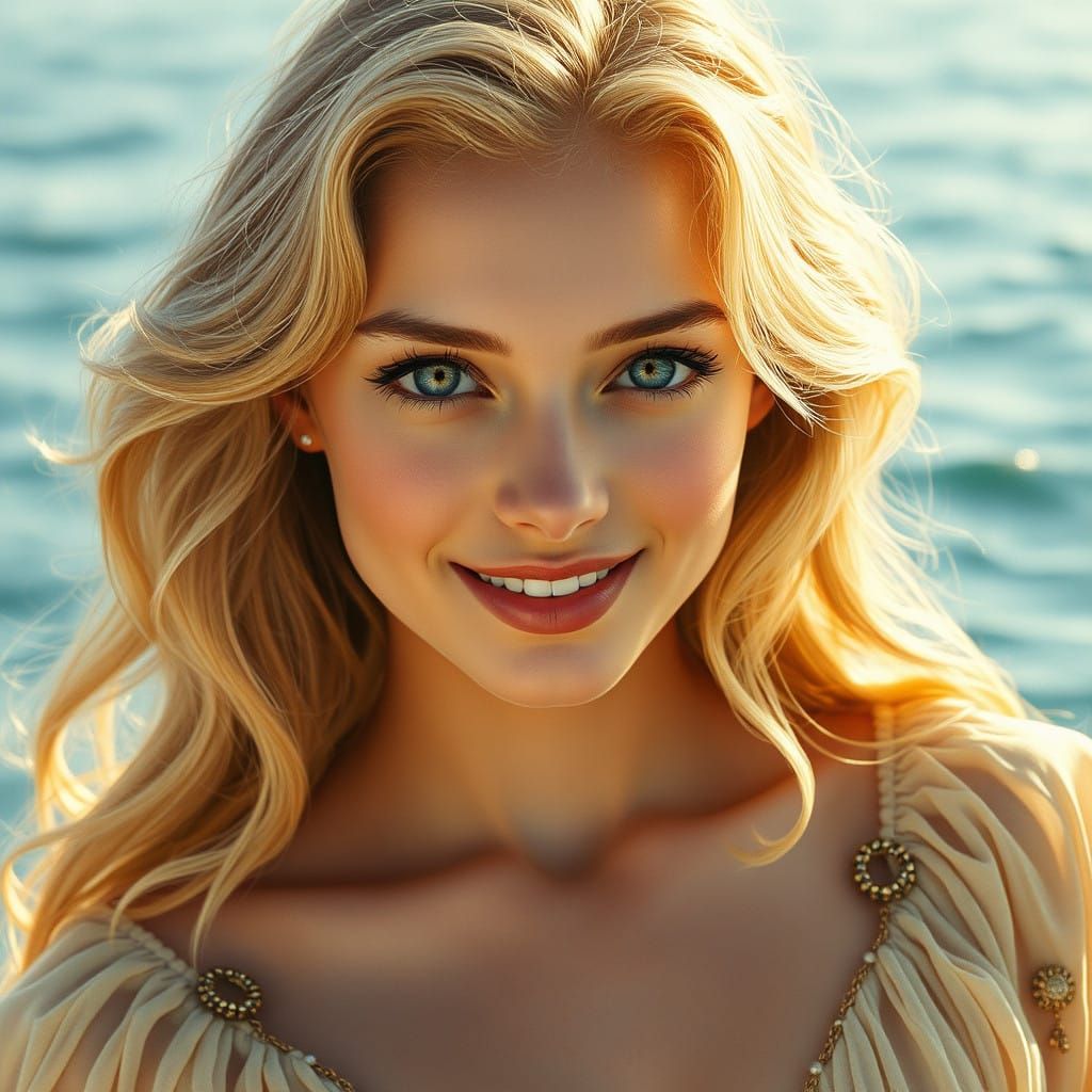 Elegant Woman in Soft Golden Light, Art Nouveau Style