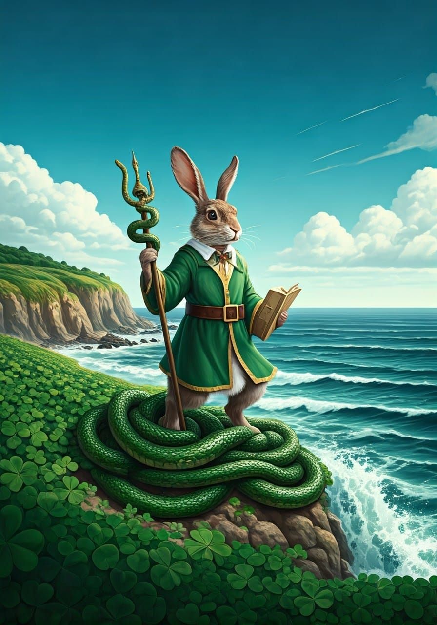 Rabbit Saint Patrick Drives Snakes into the Emerald Sea