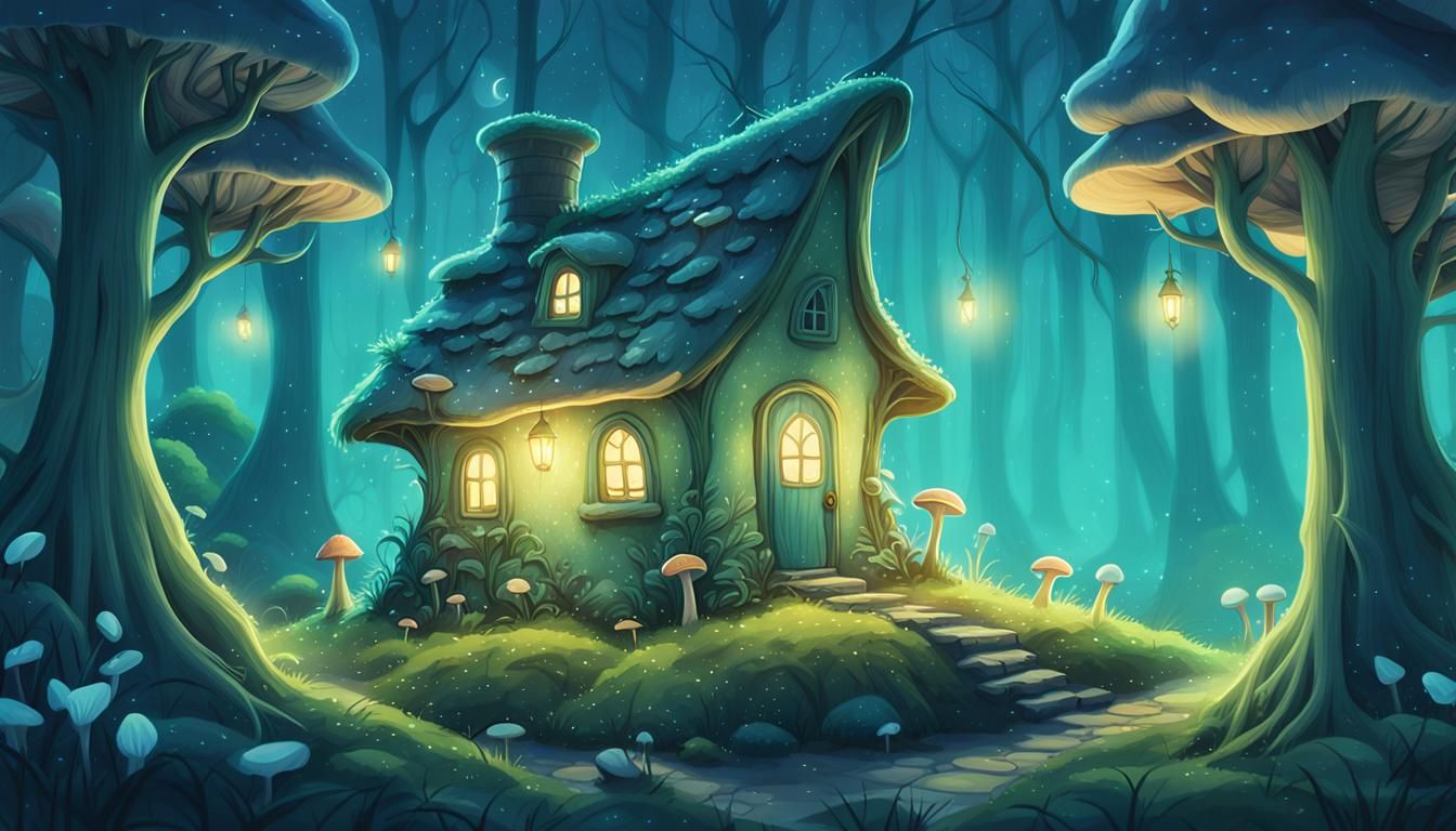 Gnome House in Luminescent Forest, Rackham Style