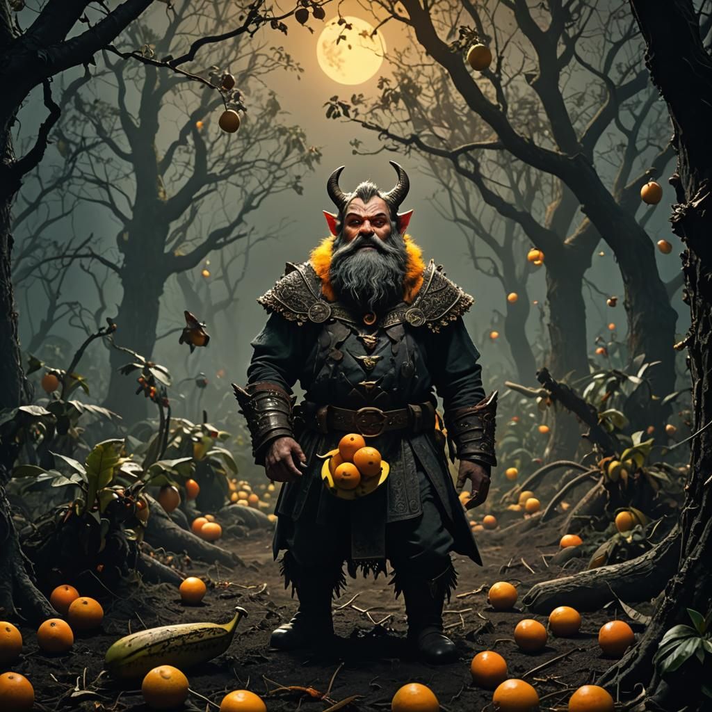 Demonic Dwarf in Orchard: Cinematic Film Still