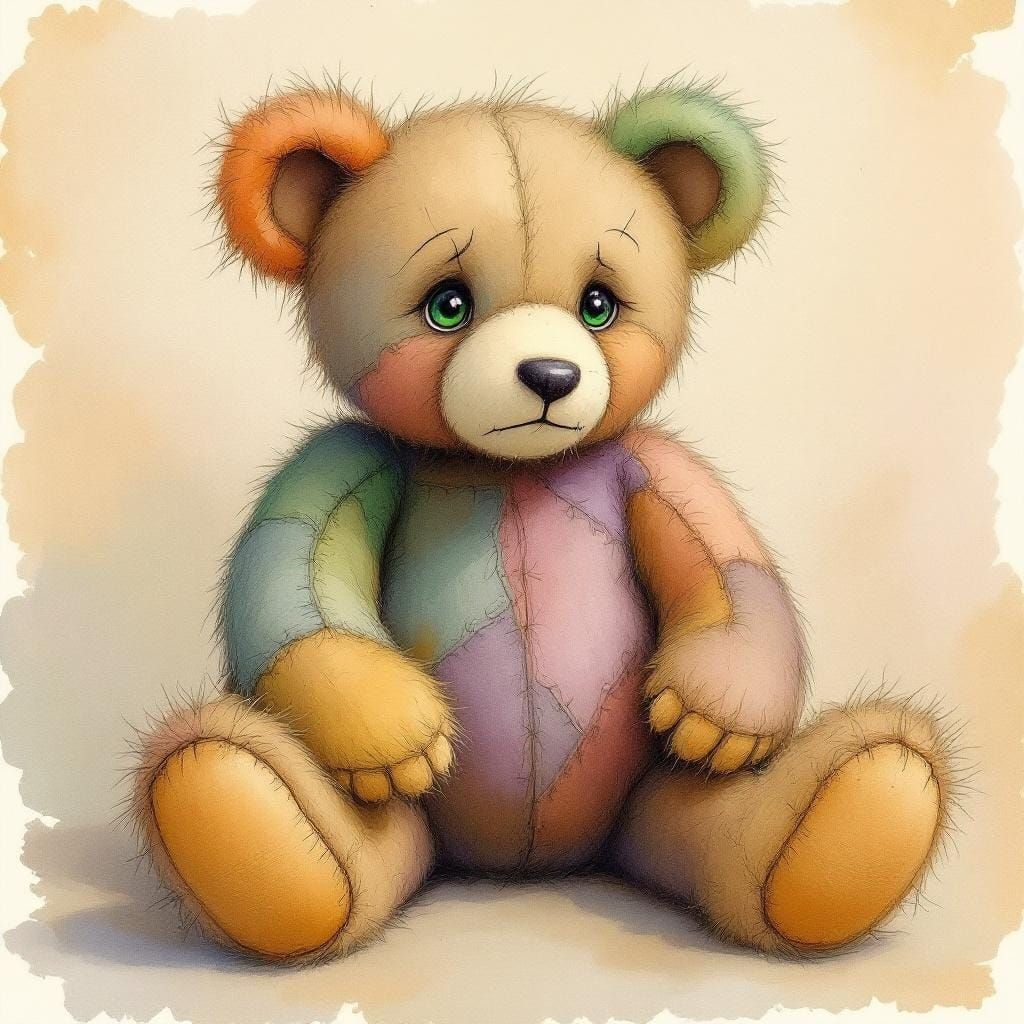 Vintage Patchwork Teddy Bear in Watercolor Illustration Styl...