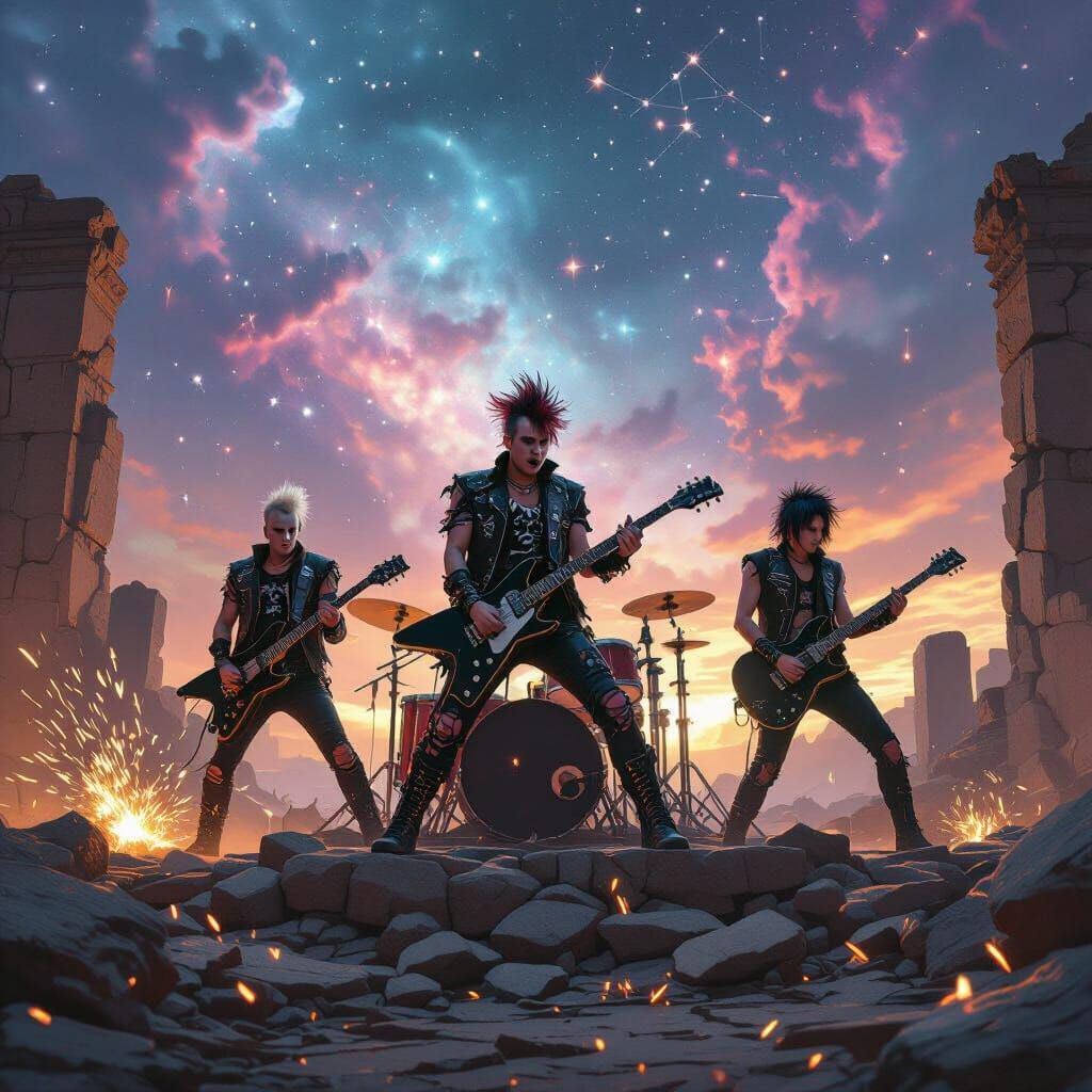 Punk Band on Ancient Stage Under Nebula Sky