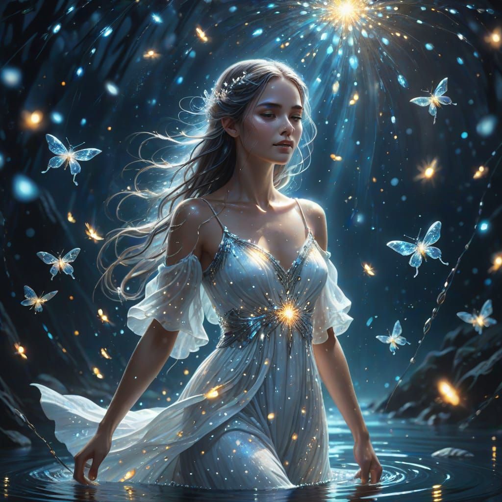 Ethereal Woman Walking on Dark Waters in Fantasy Art