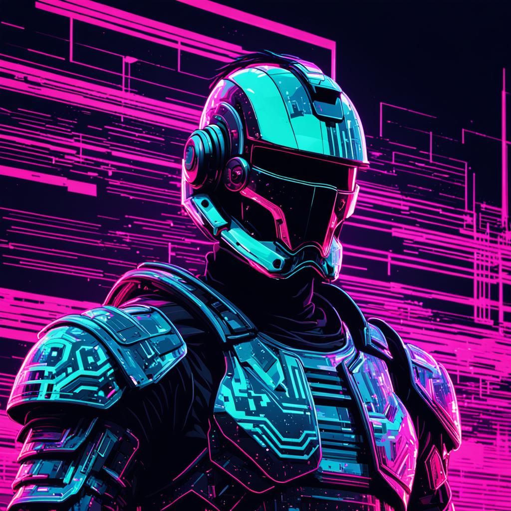 Neon Knight in Glitchy Vaporwave Cyberpunk Style