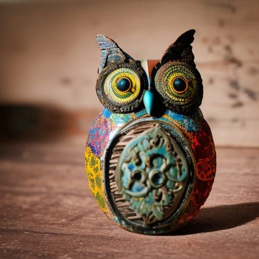 Colorful Assemblage Owl Sculpture in Mixed Media