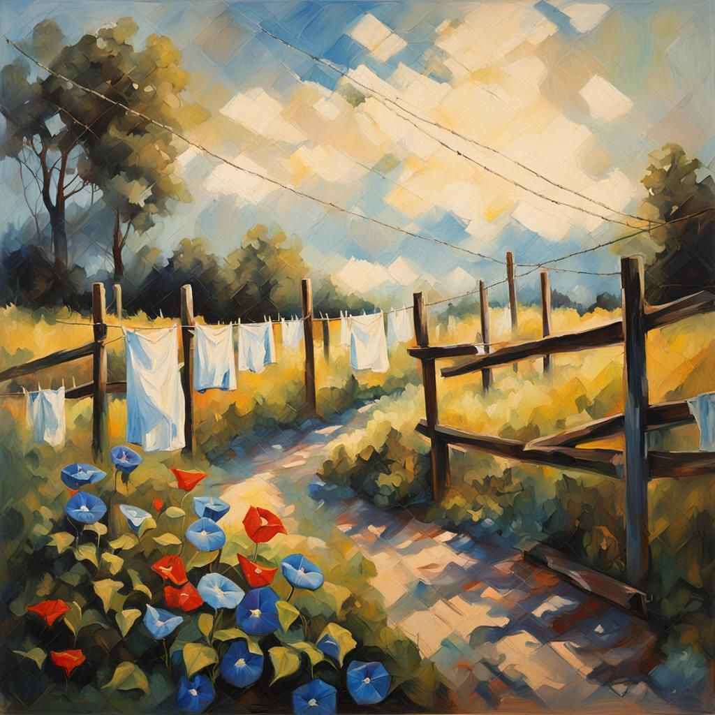 Expressionist Laundry with Morning Glories in Rainbow Colors