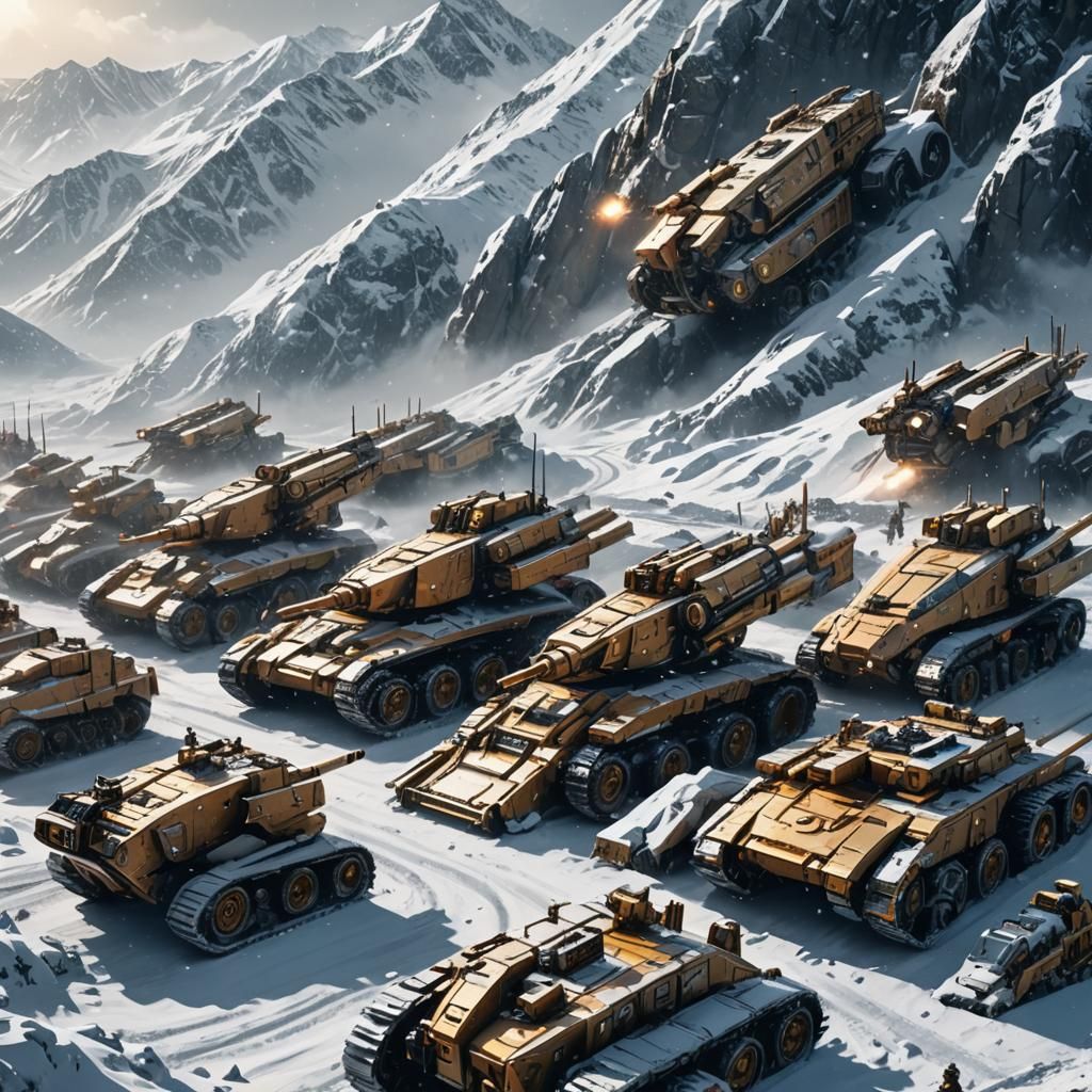 Sci-Fi Artillery Army in Snow-Covered Mountains