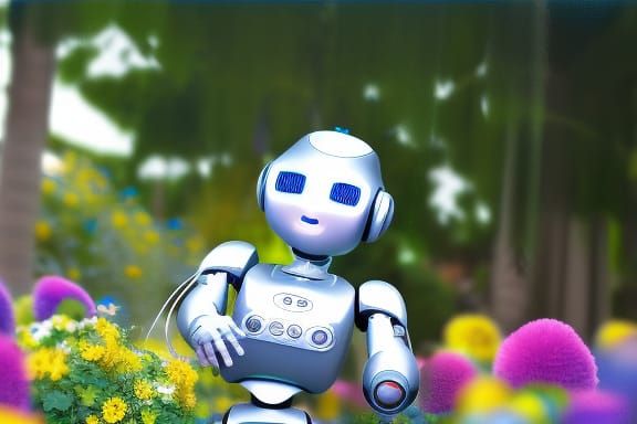 Photorealistic Baby AI Robot in Flower Garden