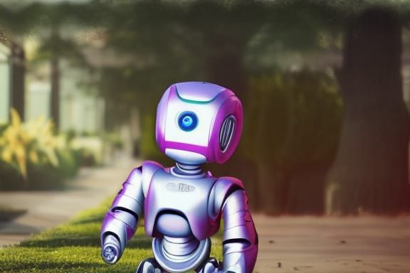 Photorealistic Baby AI Robot in Flower Garden, 8K