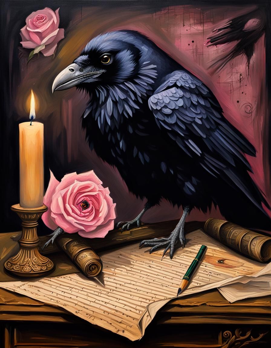 Raven's Quill: Dark Romanticism in Oil on Canvas