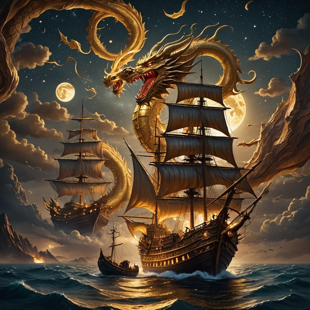 Golden Dragon Guiding Ship on Golden Ocean