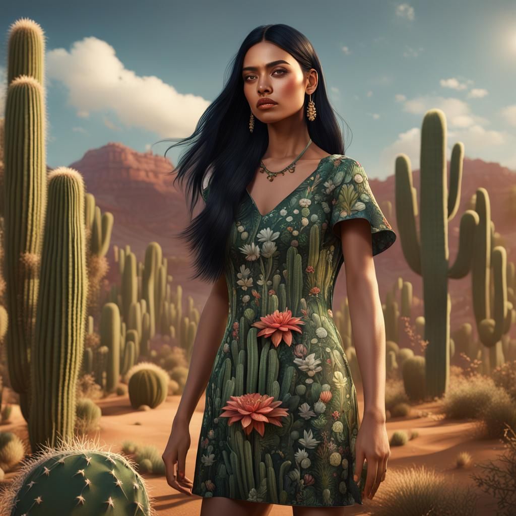 Beautiful Mexican Woman in Cactus Dress, Hyperrealistic Art
