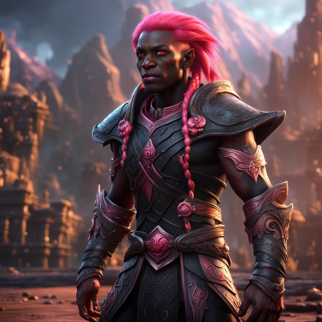 Muscular Dark Elf with Crimson Hair, Fantasy Art