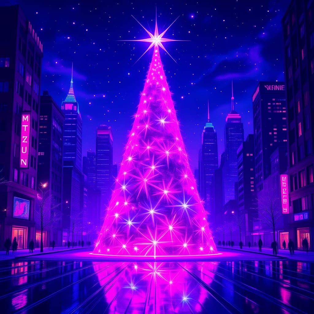 Crystal Christmas Tree in Neon Cityscape