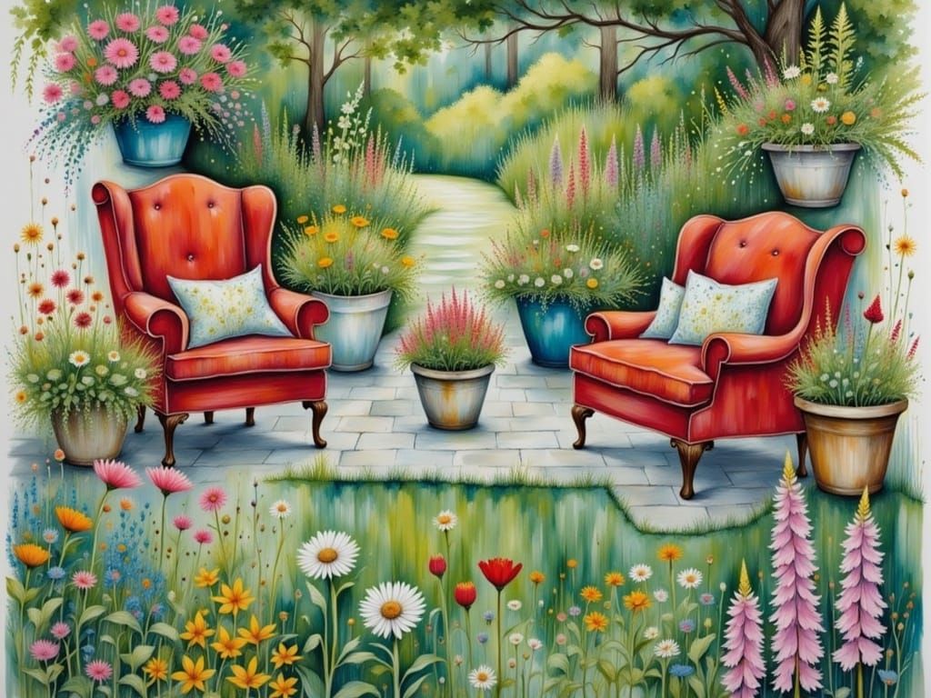 Cozy Garden Seating in Whimsical Folk-Art Style