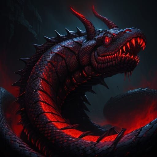 Epic Dark Fantasy Snake with Obsidian Scales and Crimson Sig...