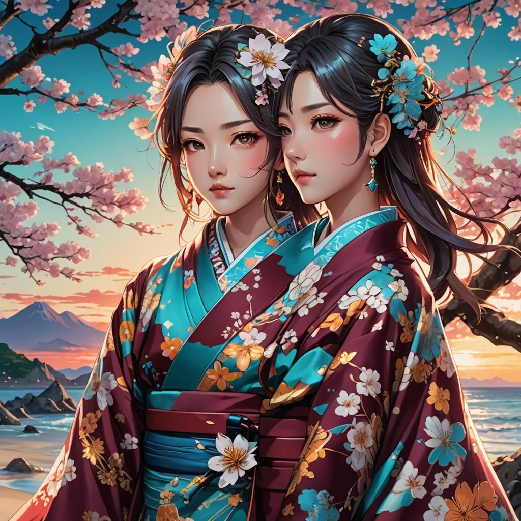 Anime Princess in Kimono at Sunset Beach