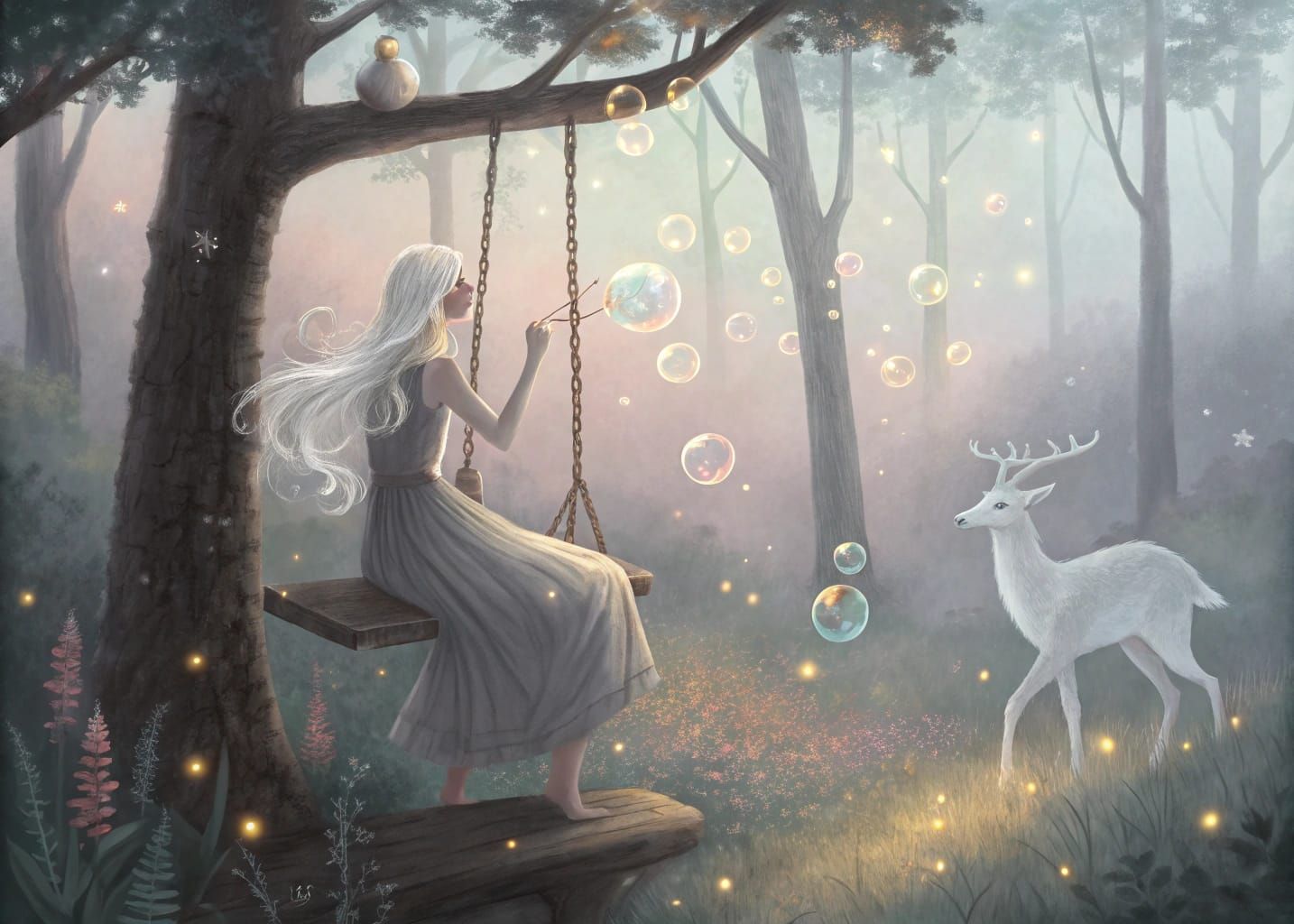 Enchanting Elegance in a Dreamlike Forest Scene