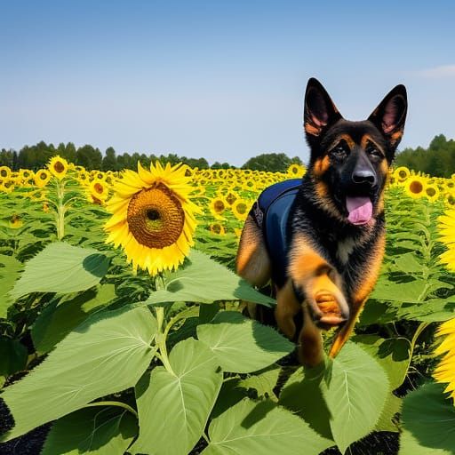 German Shepherd Puppy in Sunflower Field