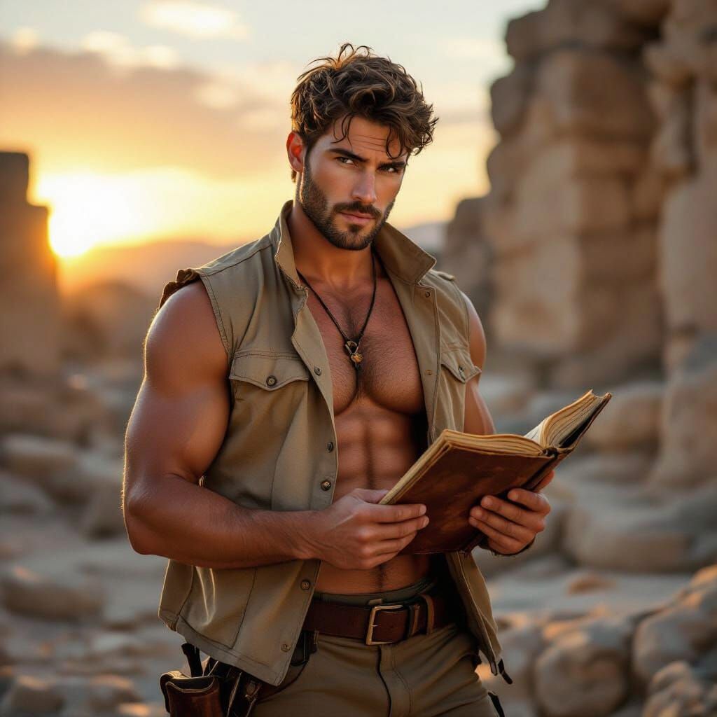 Muscular Archaeologist Discovers Artifact at Sunset