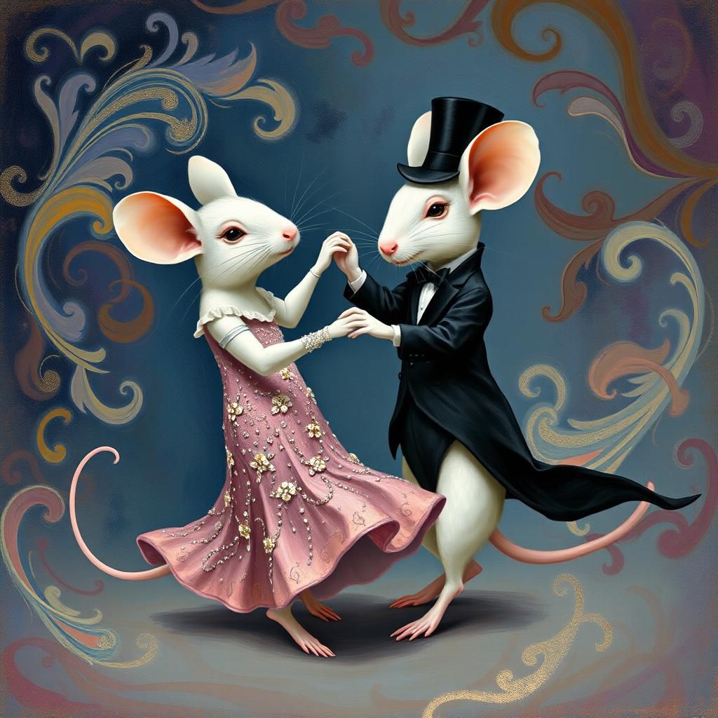 Mice Ballroom Dancing in Impressionist Art Nouveau Style