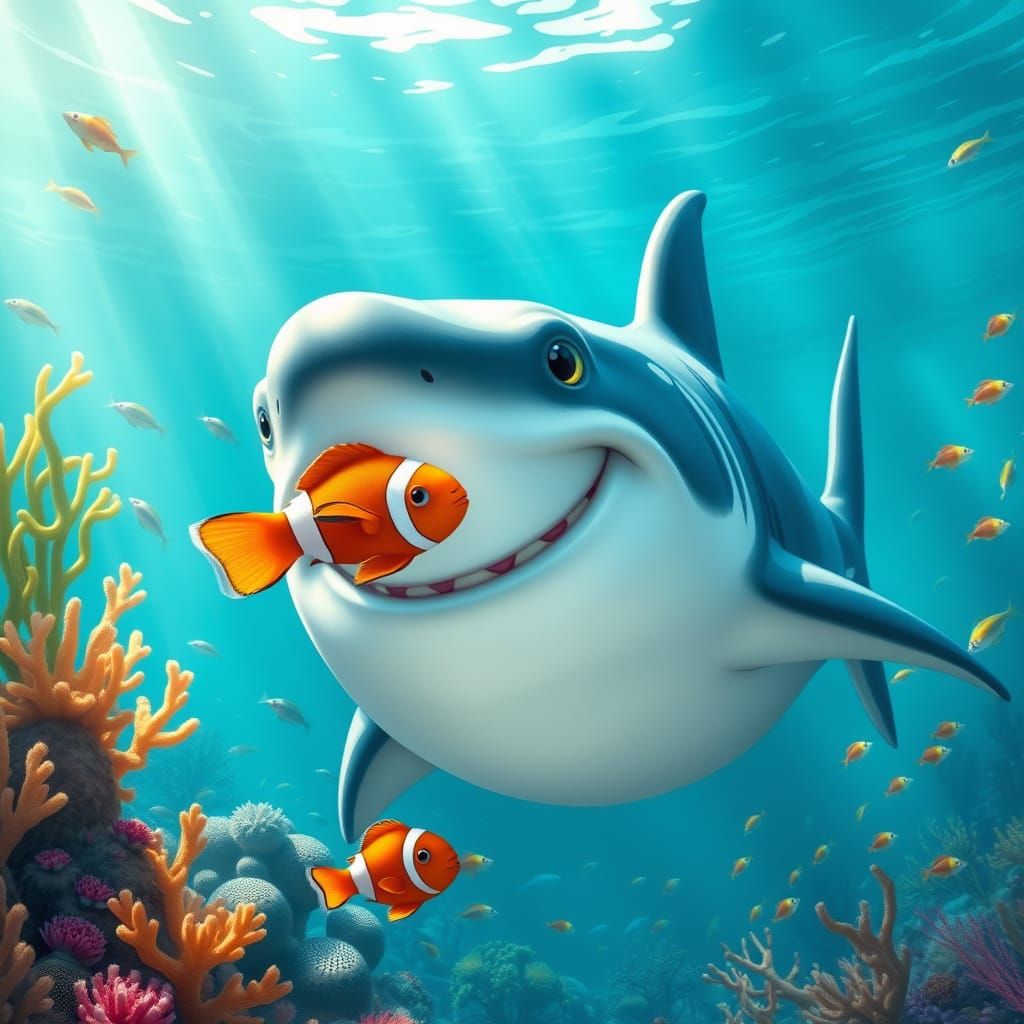 Friendly Shark and Clownfish Underwater Friendship Scene