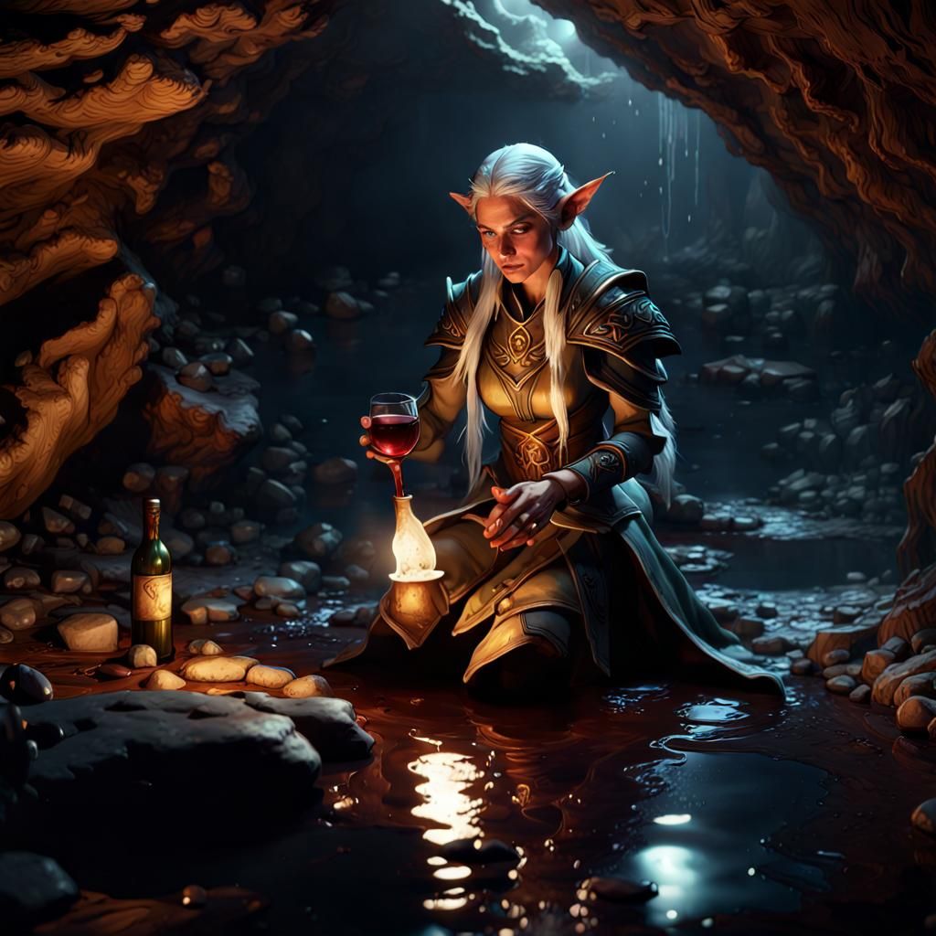 Moon Elf Cleric in Dark Cave, Fantasy Art