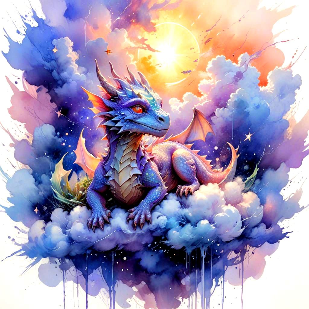 Serene Baby Dragon on Lavender Twilight Cloud
